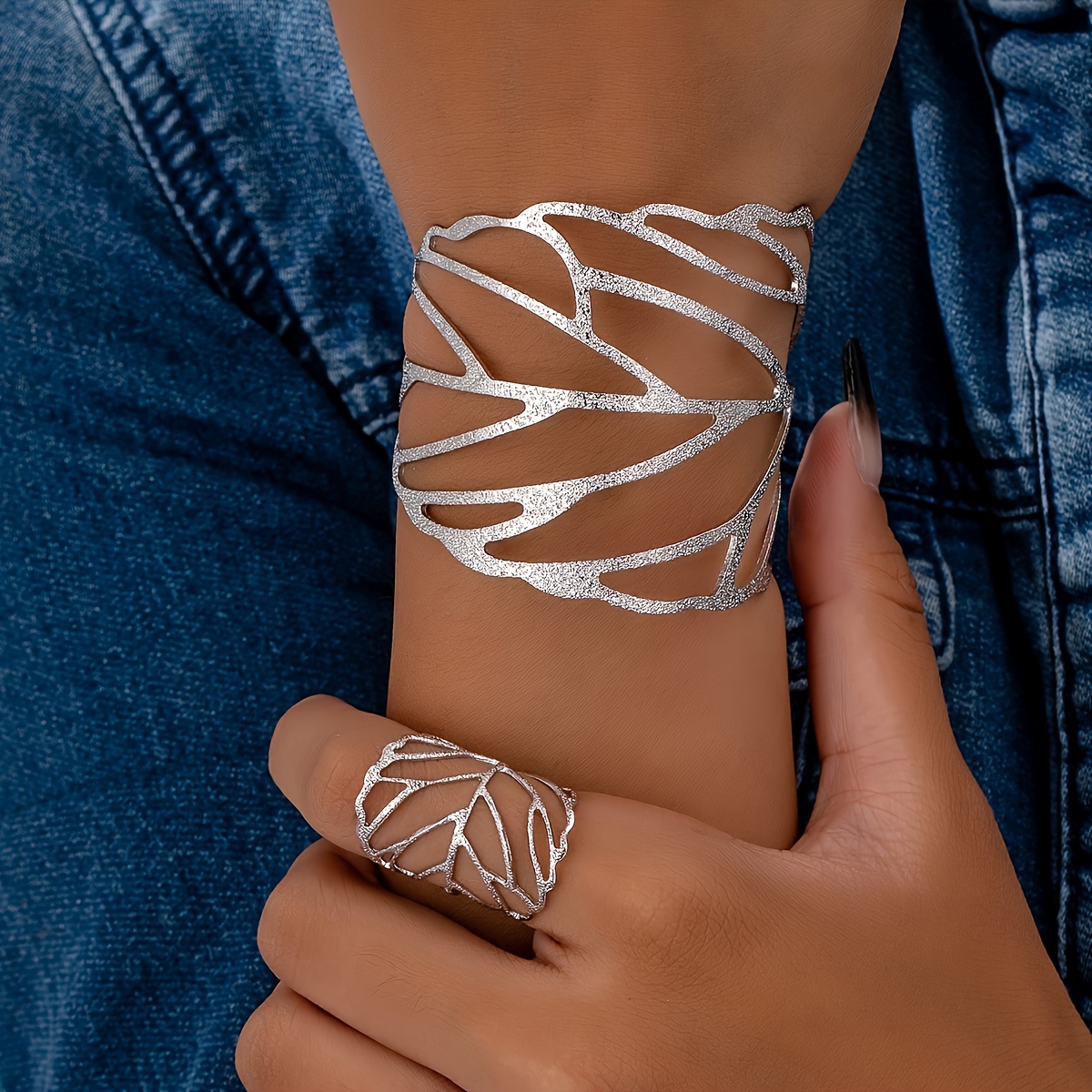 Vintage Leaf Jewelry Set: Cuff Bracelet & Ring Combo